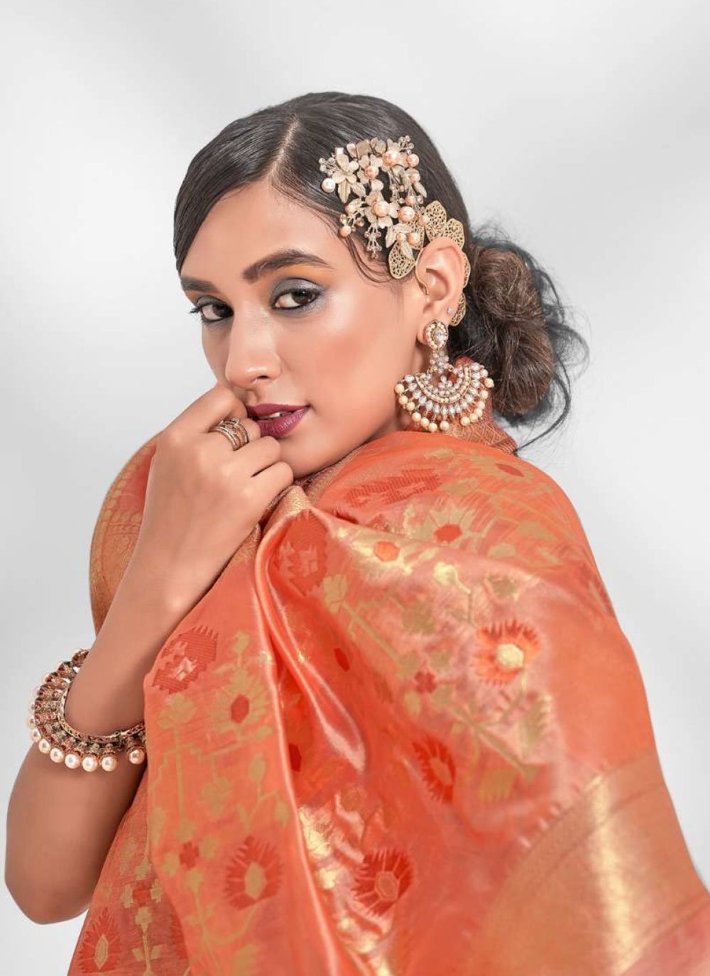 Classic Cotton Orange Sequins Saree