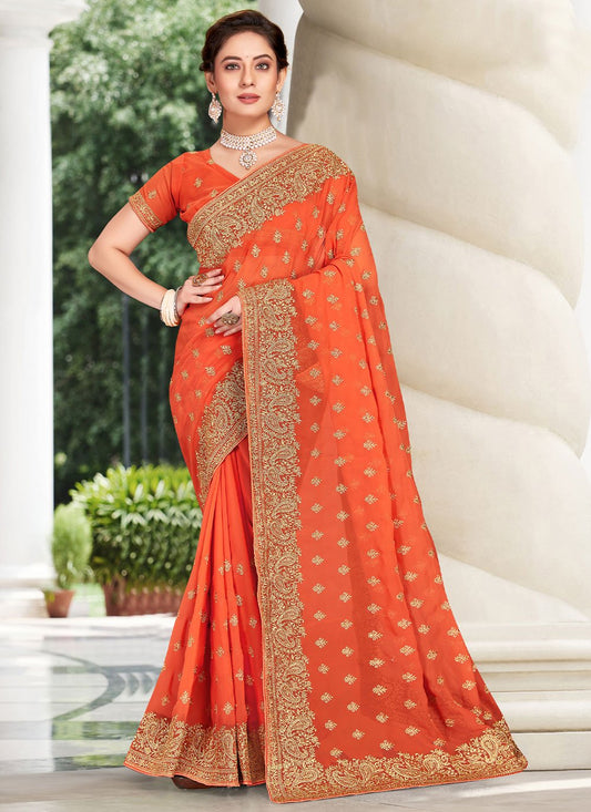 Contemporary Georgette Orange Embroidered Saree