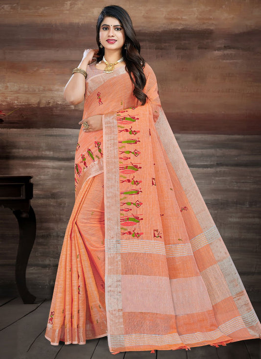 Contemporary Linen Orange Embroidered Saree