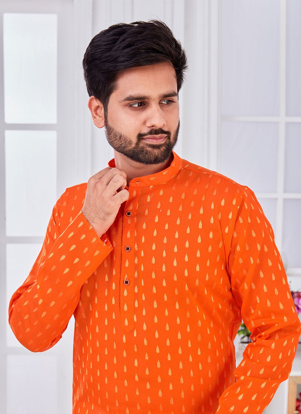 Kurta Pyjama Cotton Orange Weaving Mens