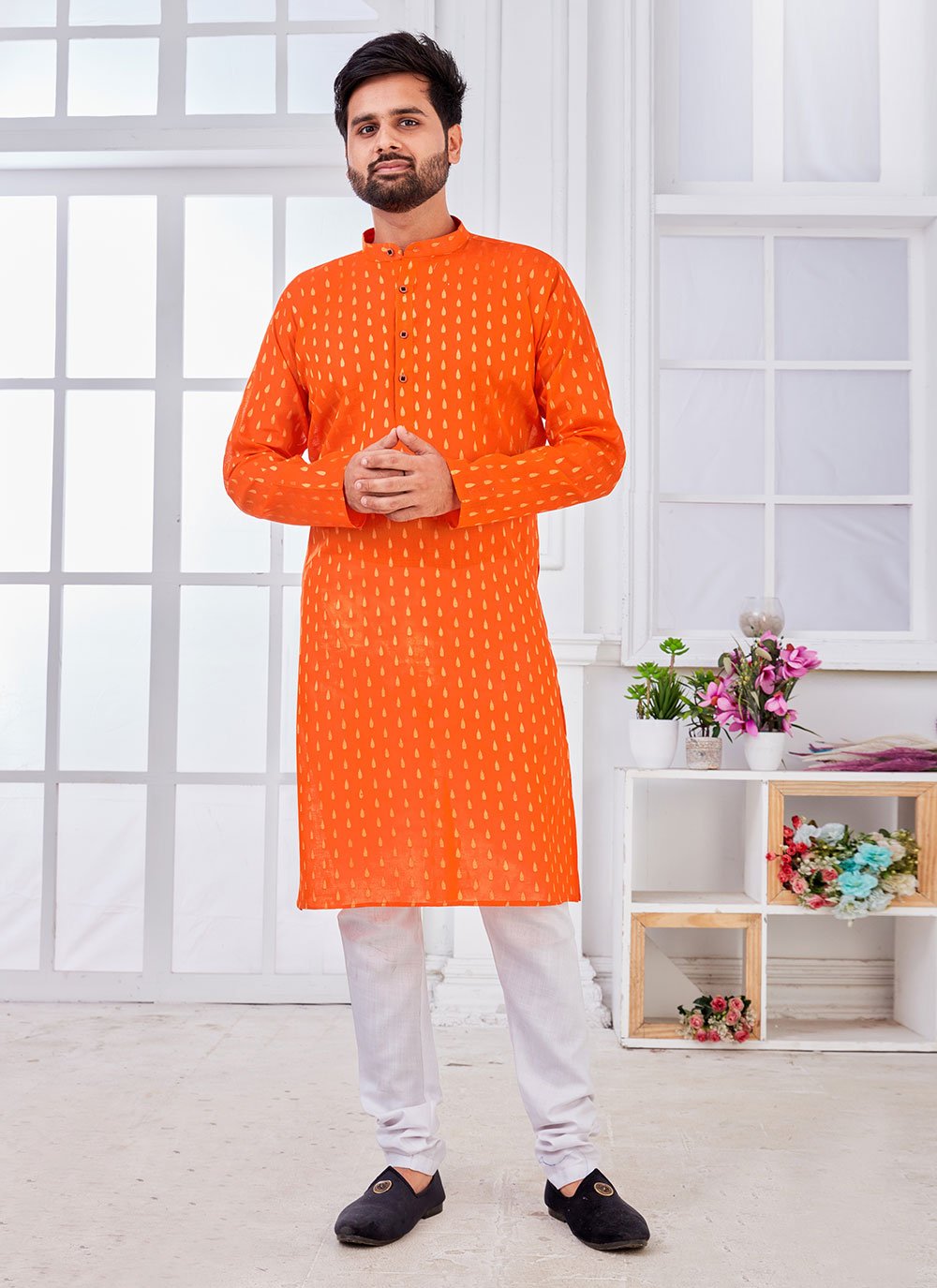 Kurta Pyjama Cotton Orange Weaving Mens