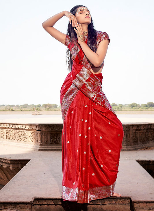 Contemporary Satin Silk Orange Weaving Saree