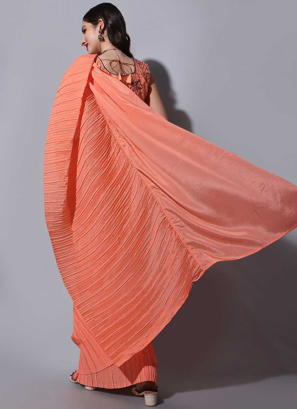 Trendy Saree Chinon Orange Fancy Work Saree