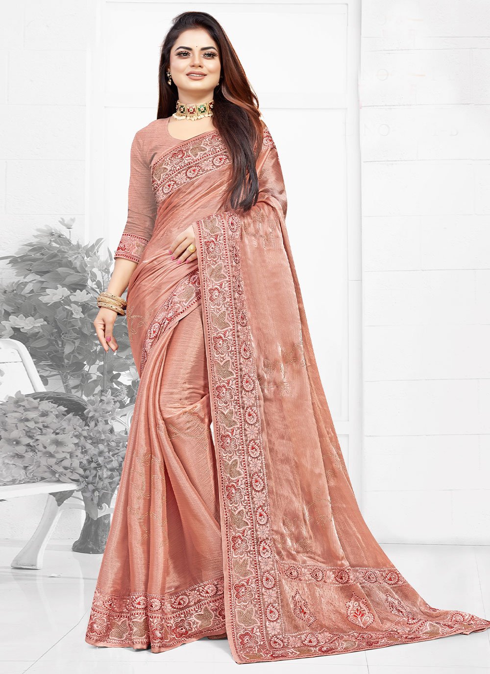 Classic Chiffon Orange Embroidered Saree