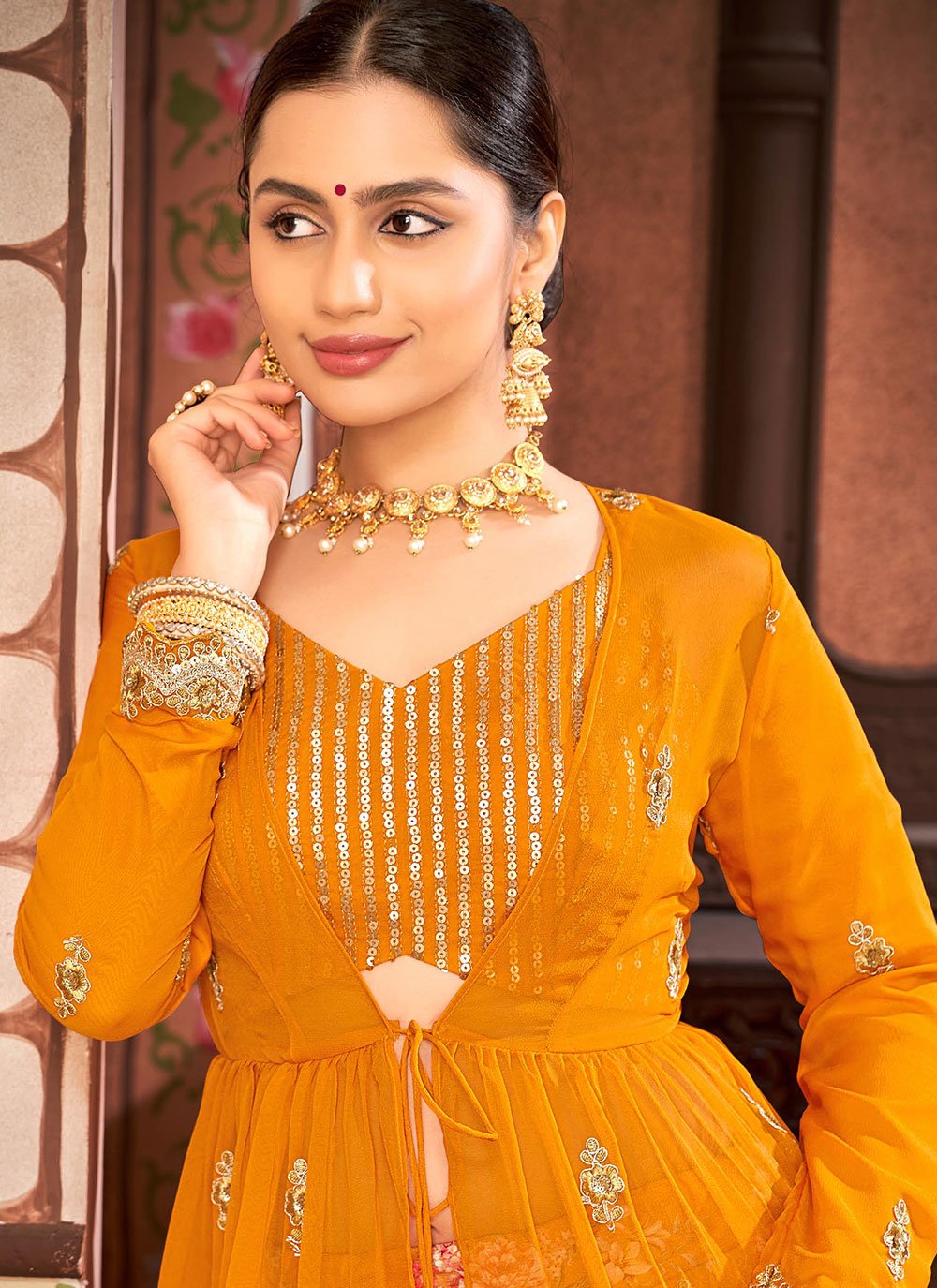 A Line Lehenga Chinon Orange Embroidered Lehenga Choli