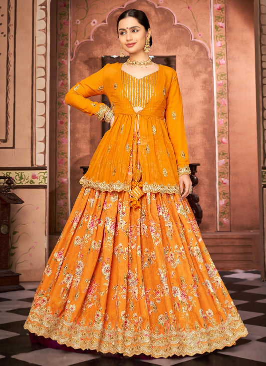 A Line Lehenga Chinon Orange Embroidered Lehenga Choli