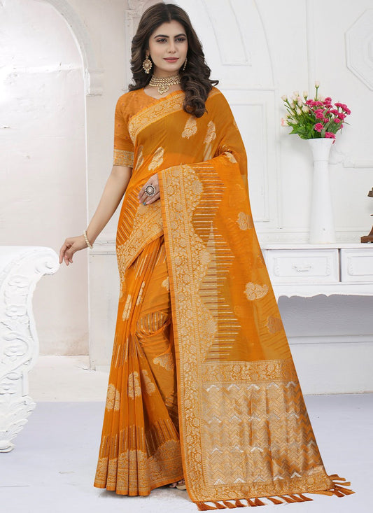 Classic Organza Viscose Orange Booti Saree