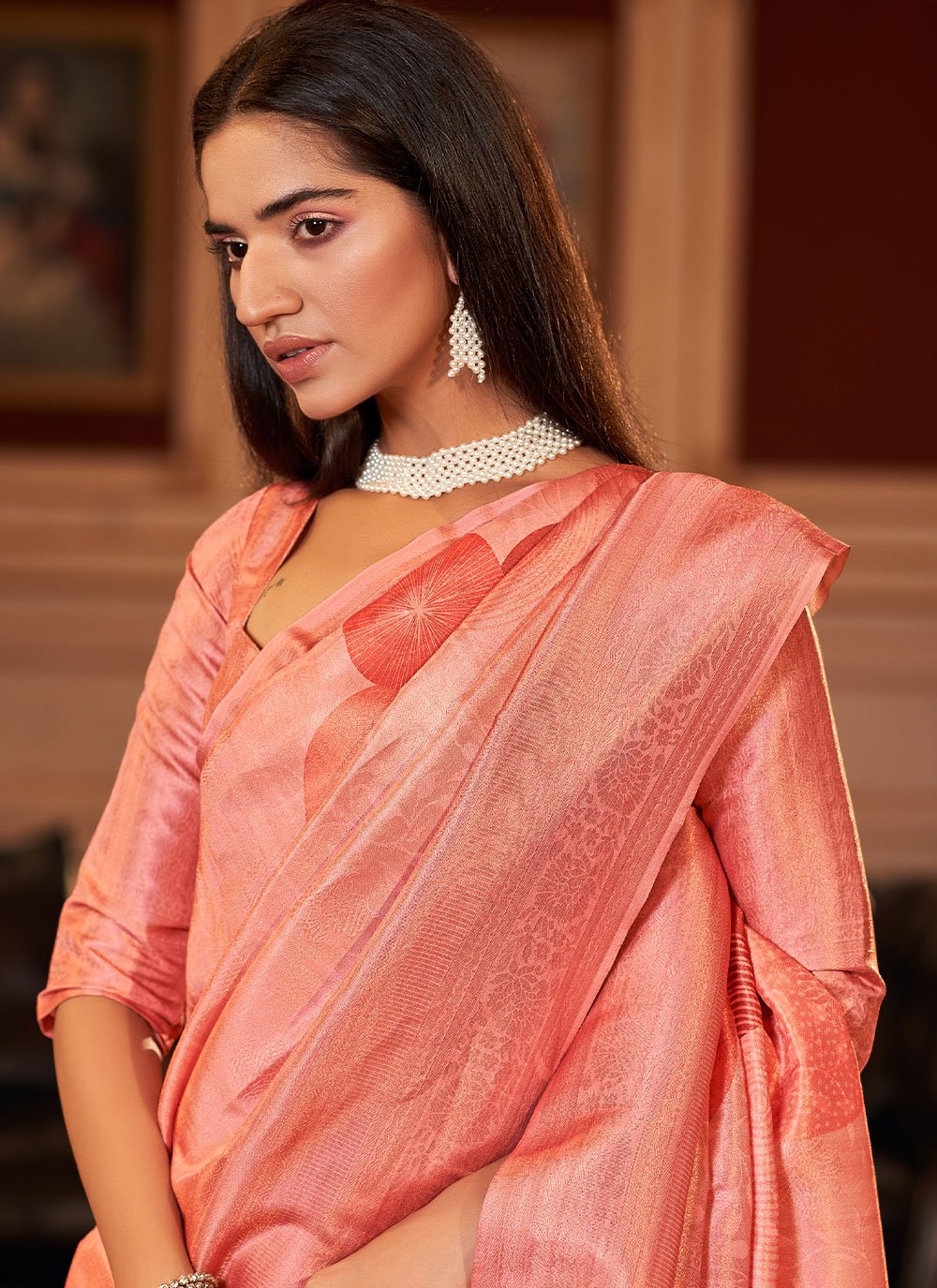 Classic Jacquard Orange Digital Print Saree
