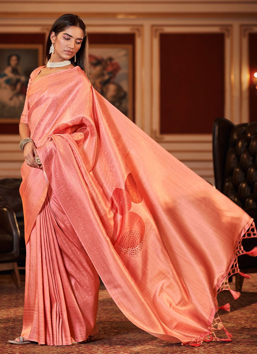 Classic Jacquard Orange Digital Print Saree