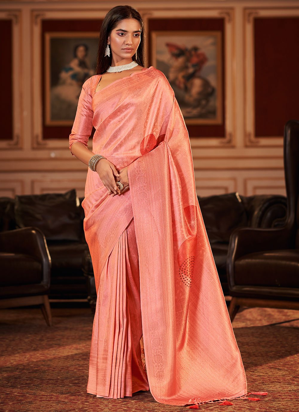 Classic Jacquard Orange Digital Print Saree