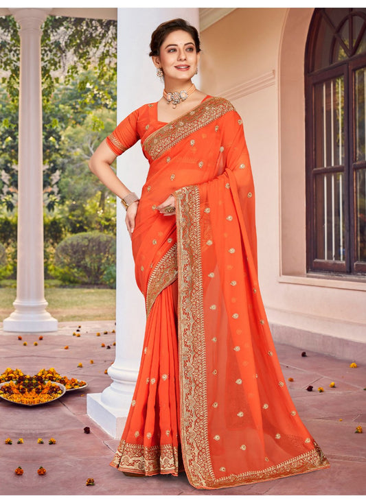 Contemporary Georgette Orange Embroidered Saree