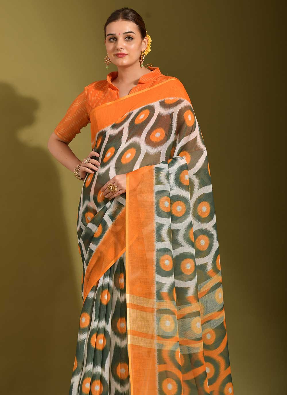 Contemporary Linen Orange Digital Print Saree