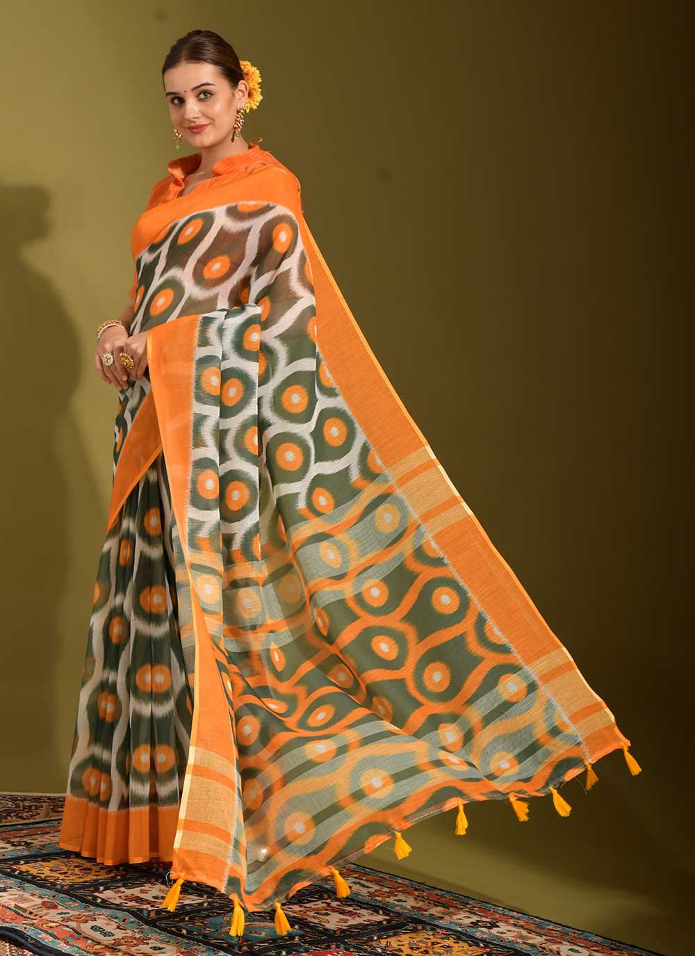 Contemporary Linen Orange Digital Print Saree