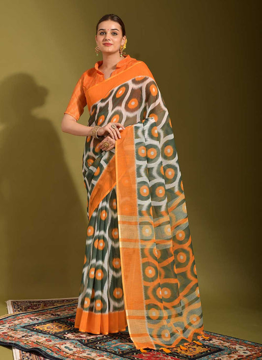 Contemporary Linen Orange Digital Print Saree