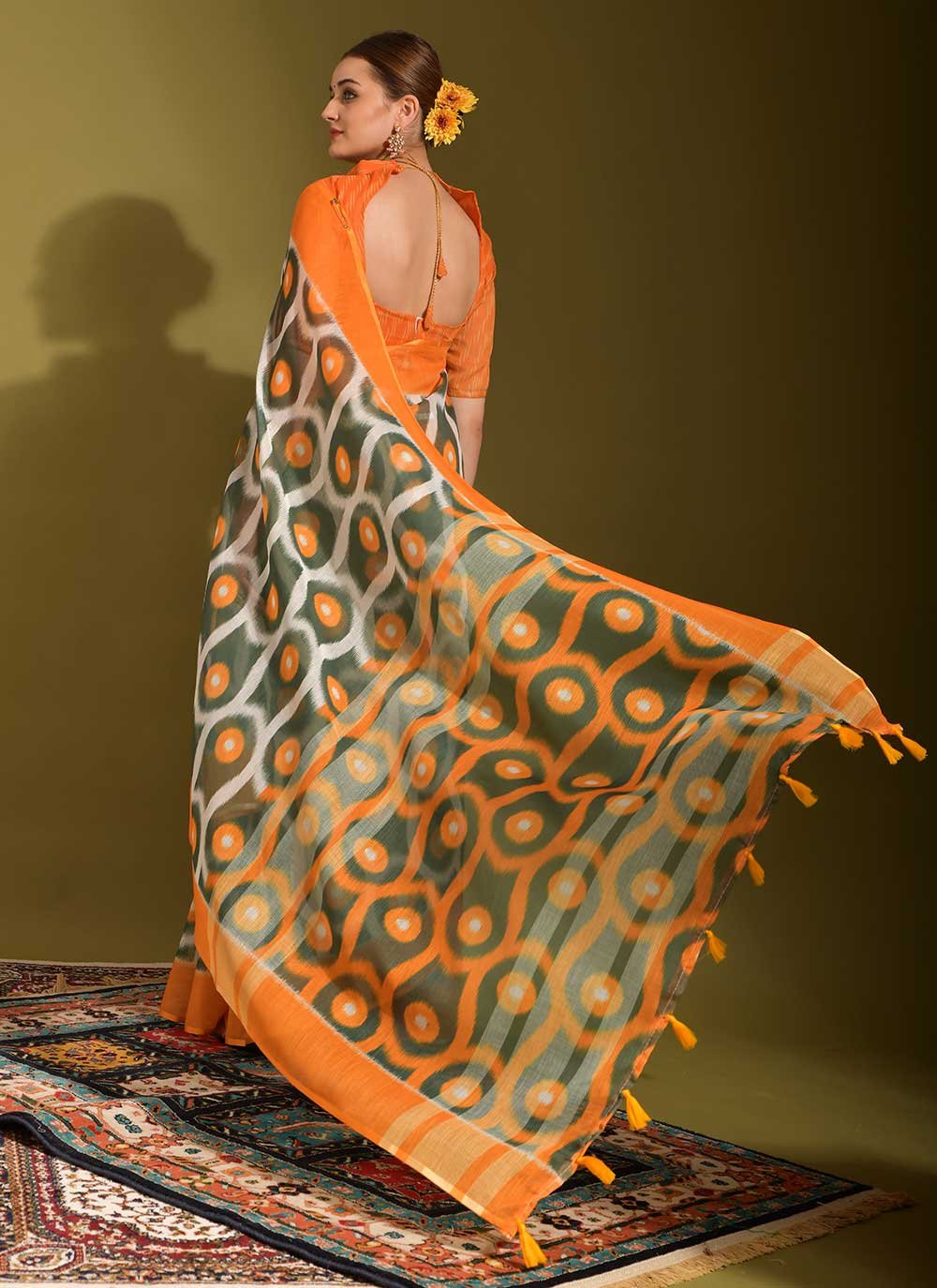 Contemporary Linen Orange Digital Print Saree