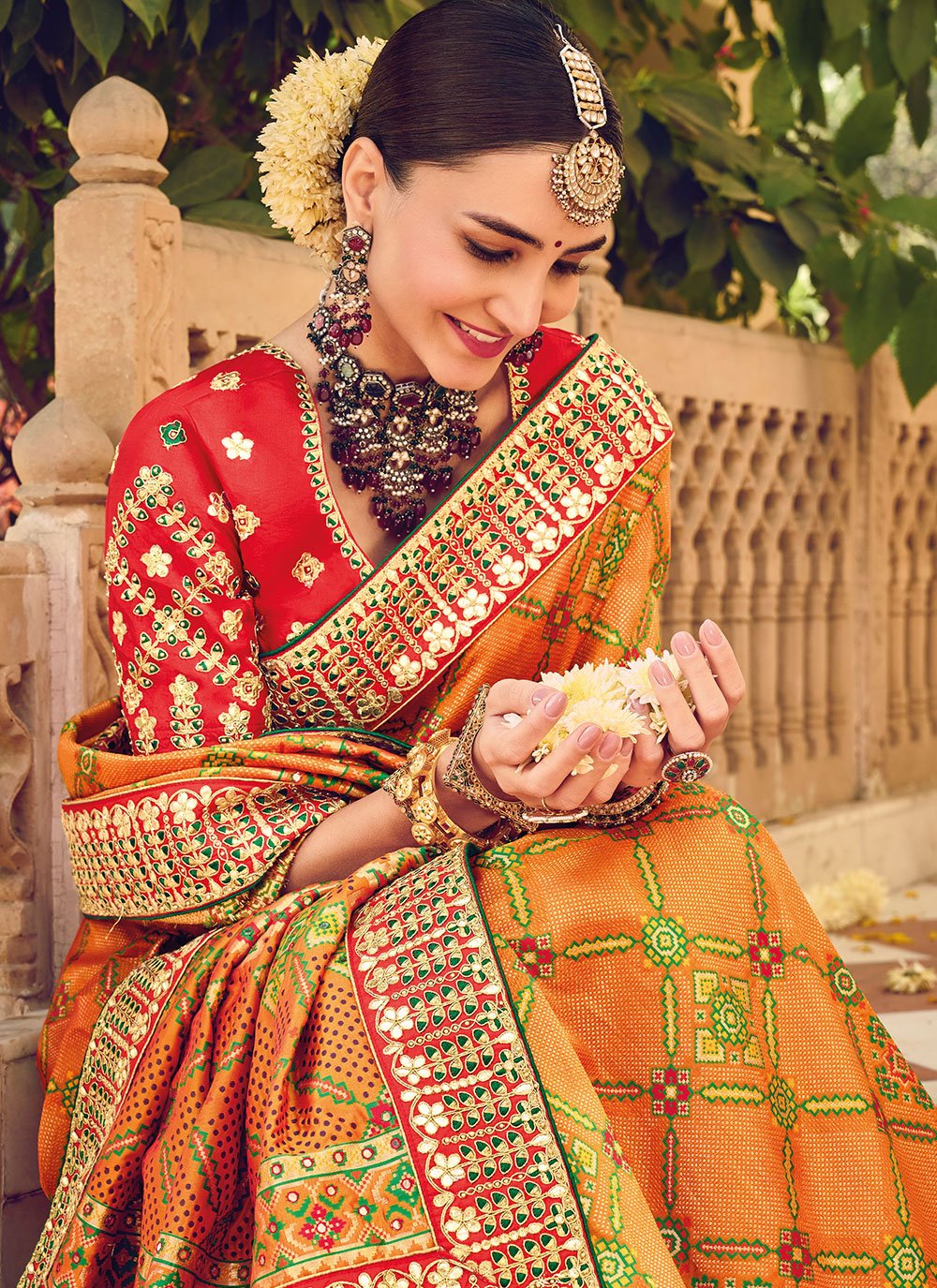 Contemporary Pure Silk Orange Bandhej Saree
