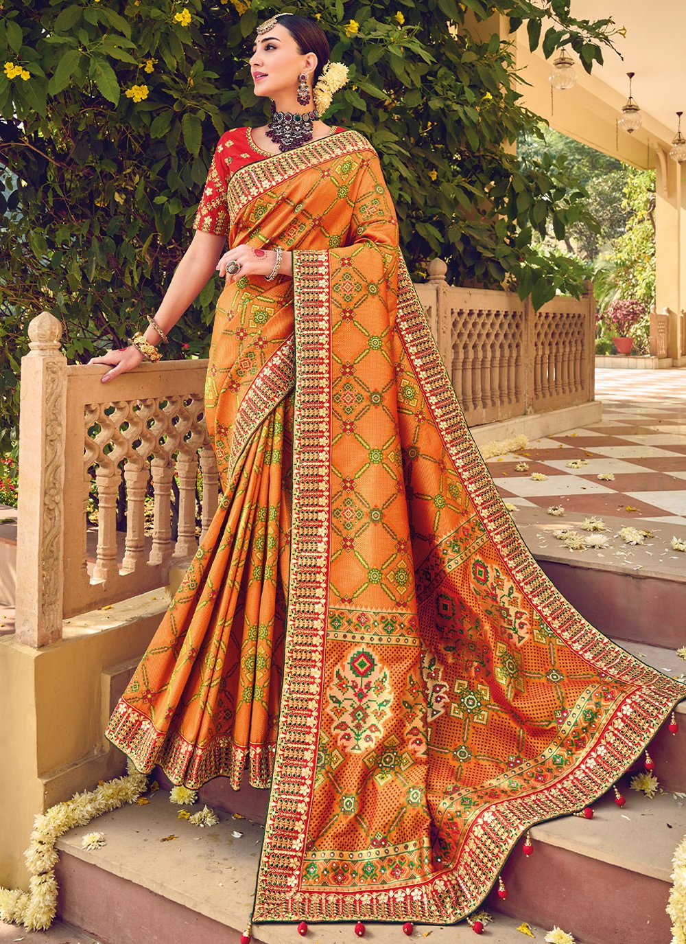 Contemporary Pure Silk Orange Bandhej Saree