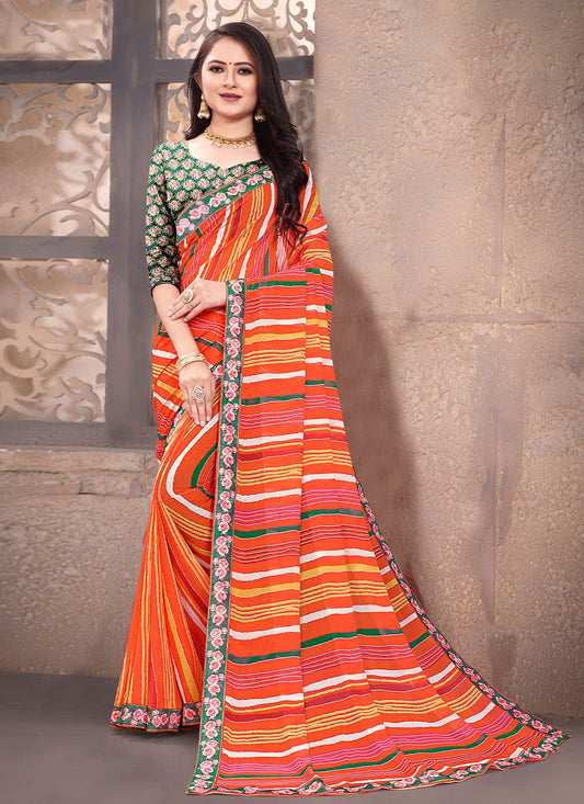 Contemporary Weight Less Orange Digital Print Saree