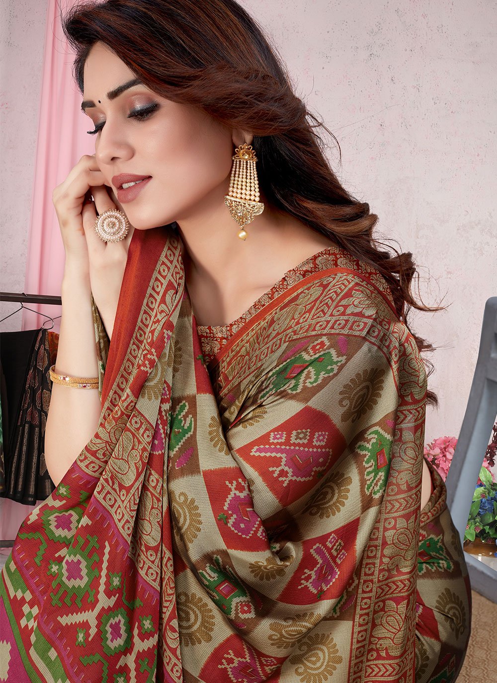 Contemporary Chiffon Orange Patola Print Saree