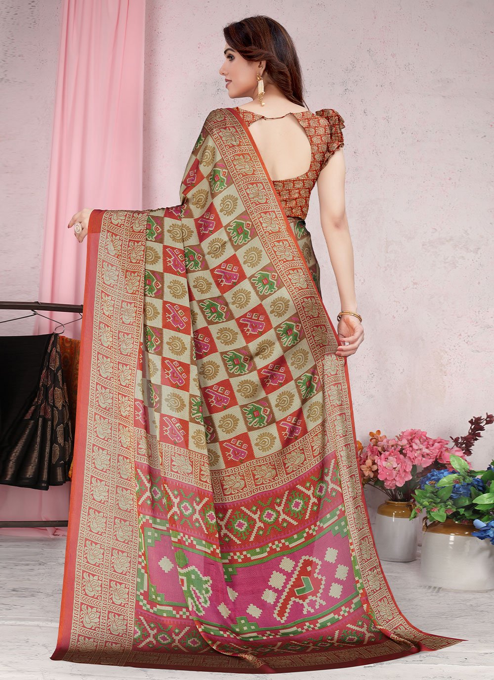 Contemporary Chiffon Orange Patola Print Saree
