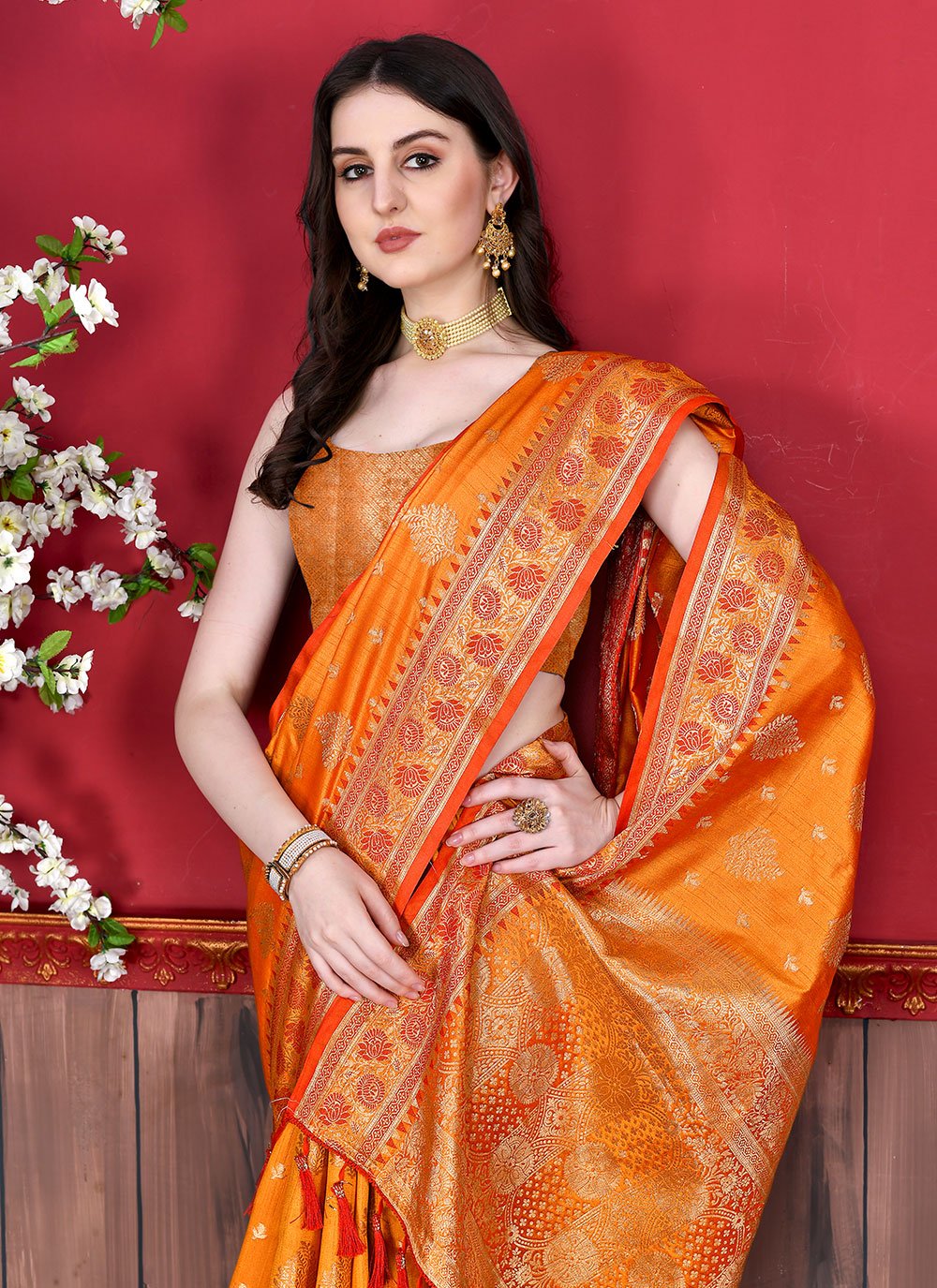 Contemporary Katan Silk Orange Patch Border Saree