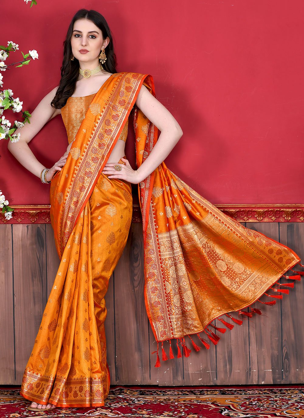 Contemporary Katan Silk Orange Patch Border Saree