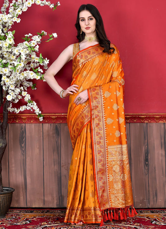 Contemporary Katan Silk Orange Patch Border Saree