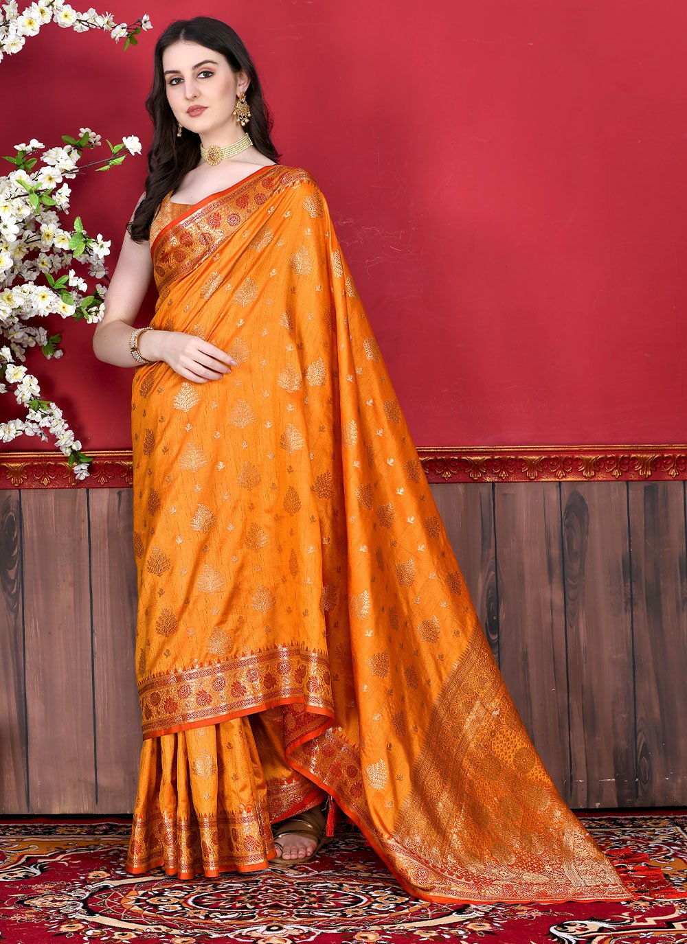 Contemporary Katan Silk Orange Patch Border Saree