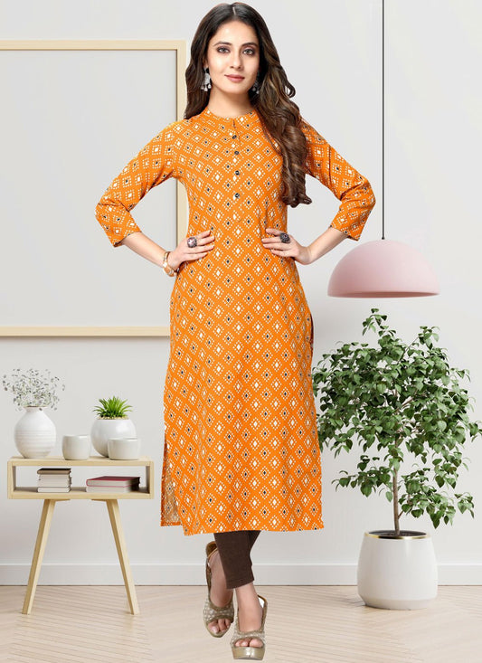 Designer Kurti Cotton Orange Print Kurtis