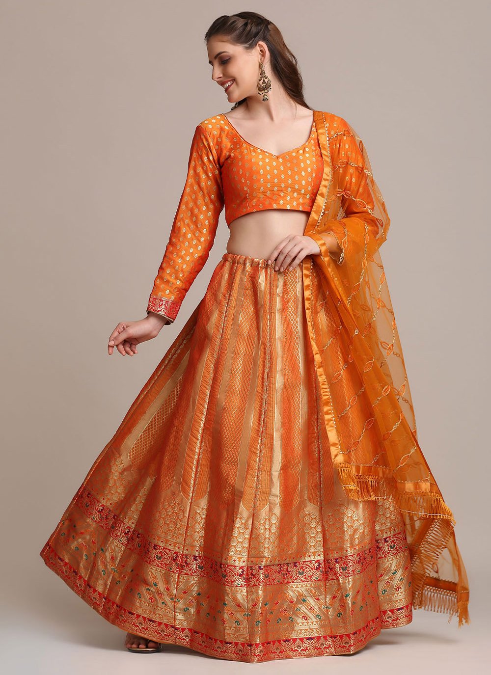 Lehenga Choli Jacquard Silk Orange Woven Lehenga Choli