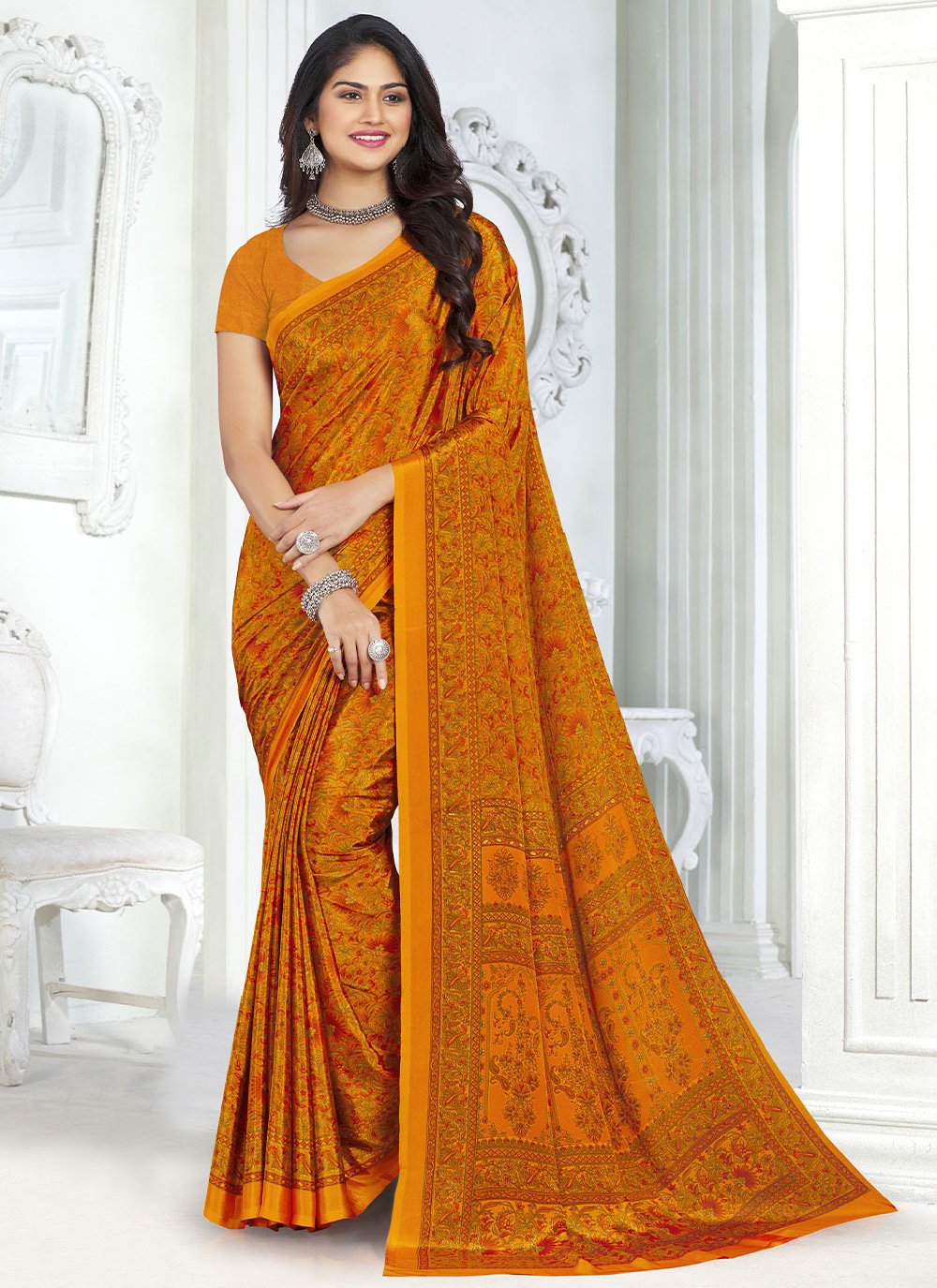 Classic Faux Crepe Orange Print Saree