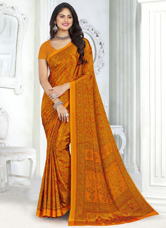 Classic Faux Crepe Orange Print Saree