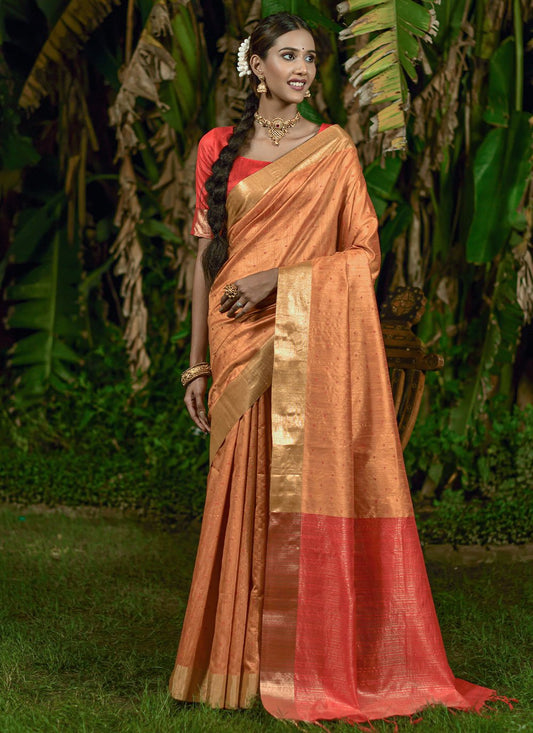 Trendy Saree Raw Silk Orange Woven Saree