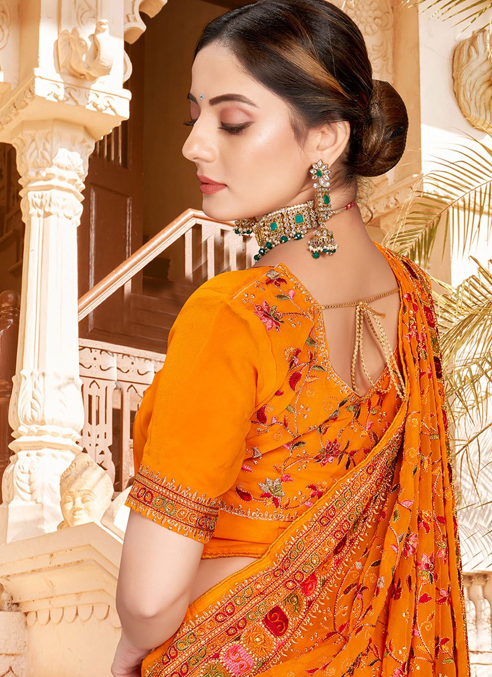 Contemporary Georgette Orange Embroidered Saree