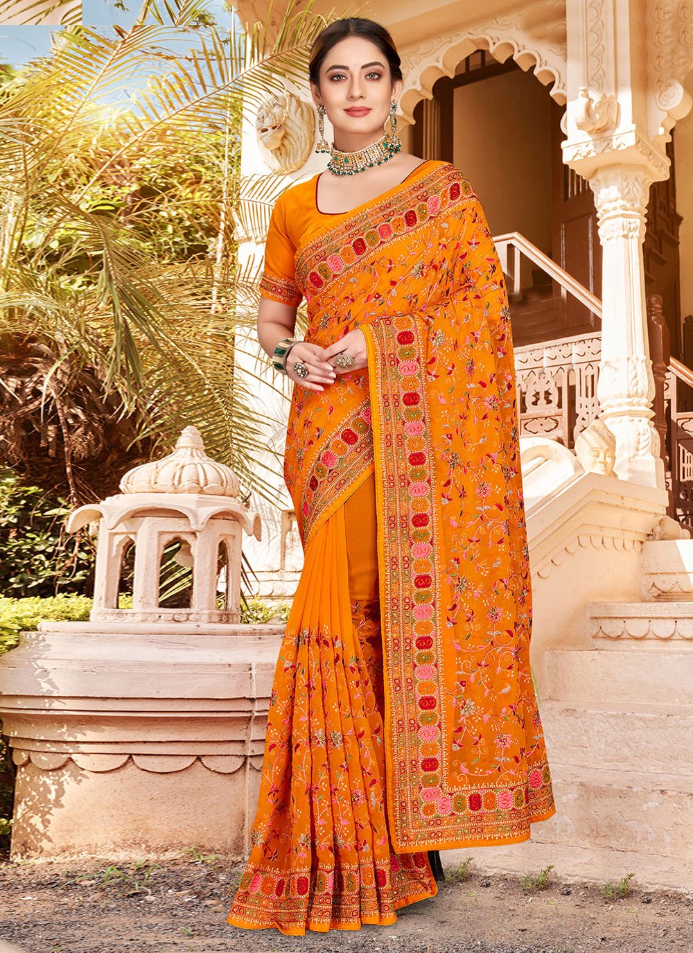 Contemporary Georgette Orange Embroidered Saree