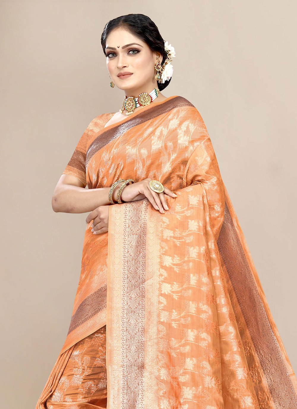 Contemporary Organza Orange Weaving Saree