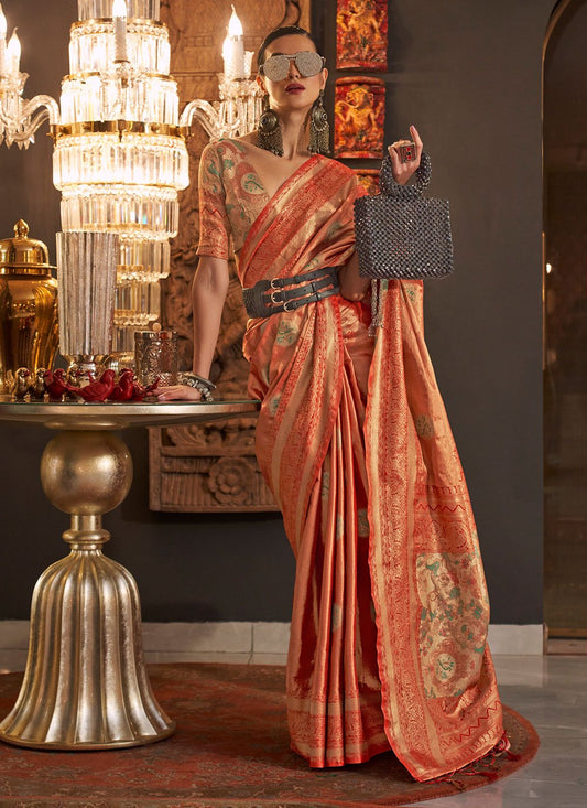 Contemporary Handloom Silk Orange Weaving Saree