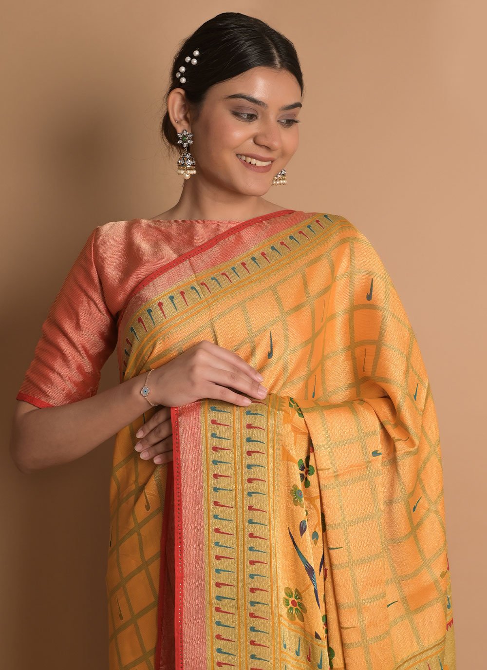 Contemporary Brasso Orange Woven Saree