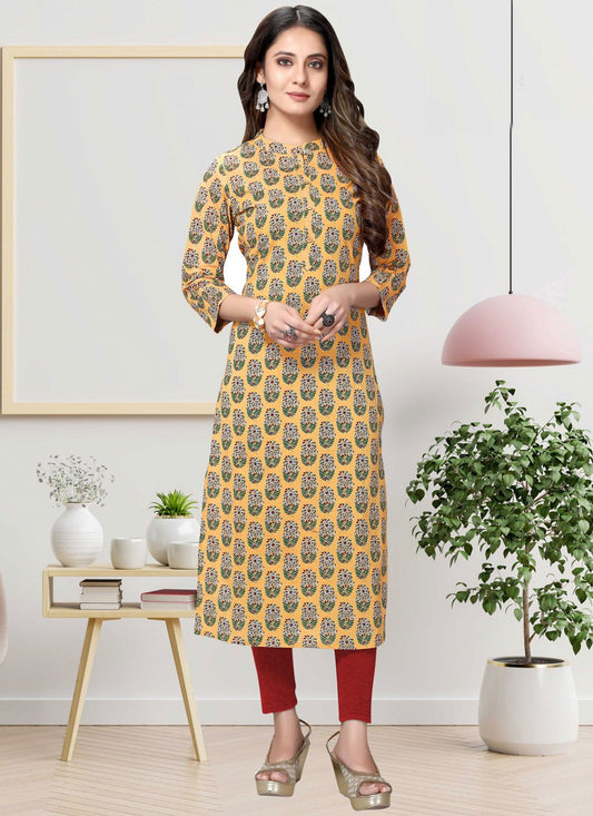 Designer Kurti Cotton Orange Print Kurtis