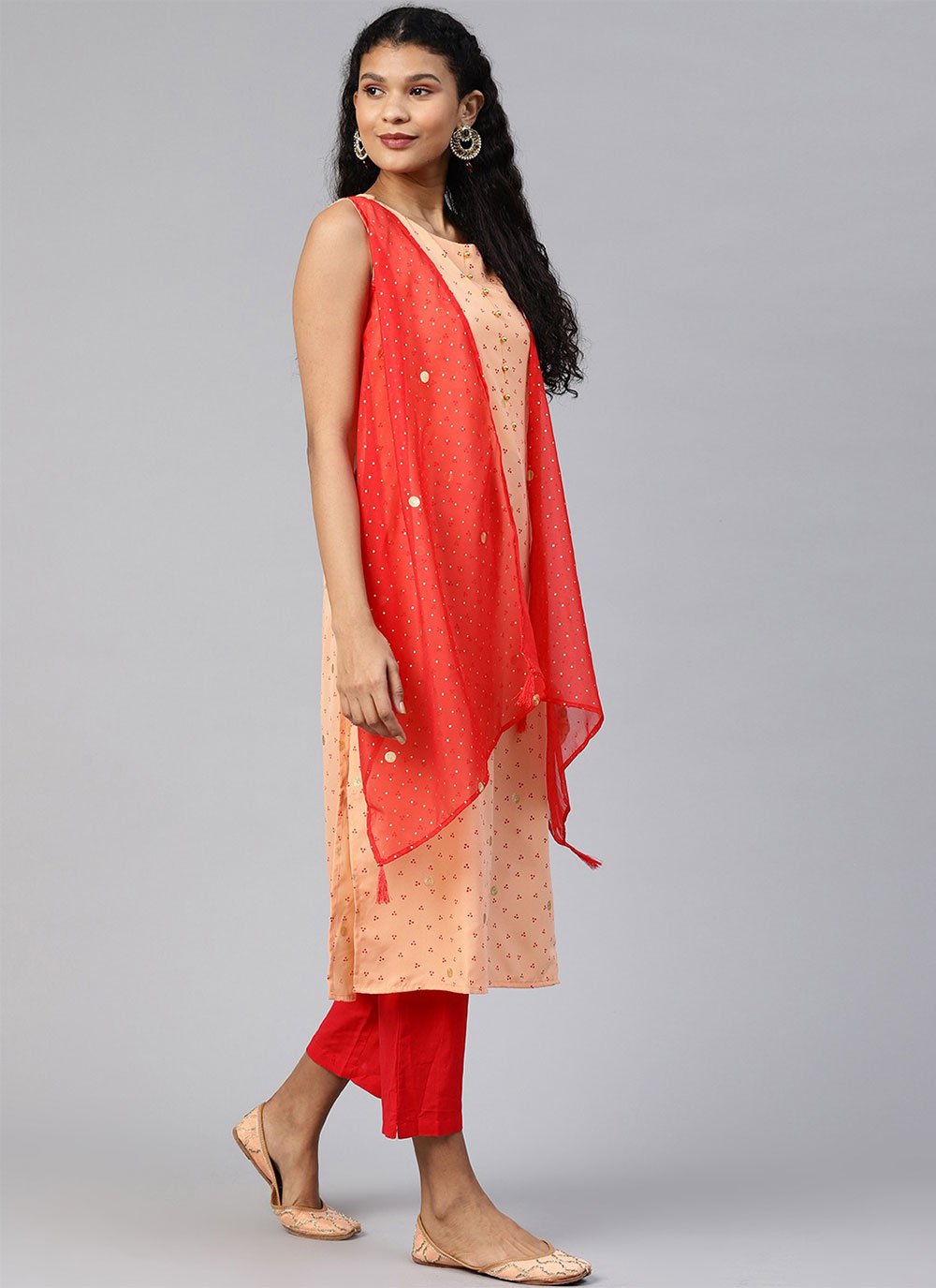 Designer Kurti Crepe Silk Orange Foil Print Kurtis