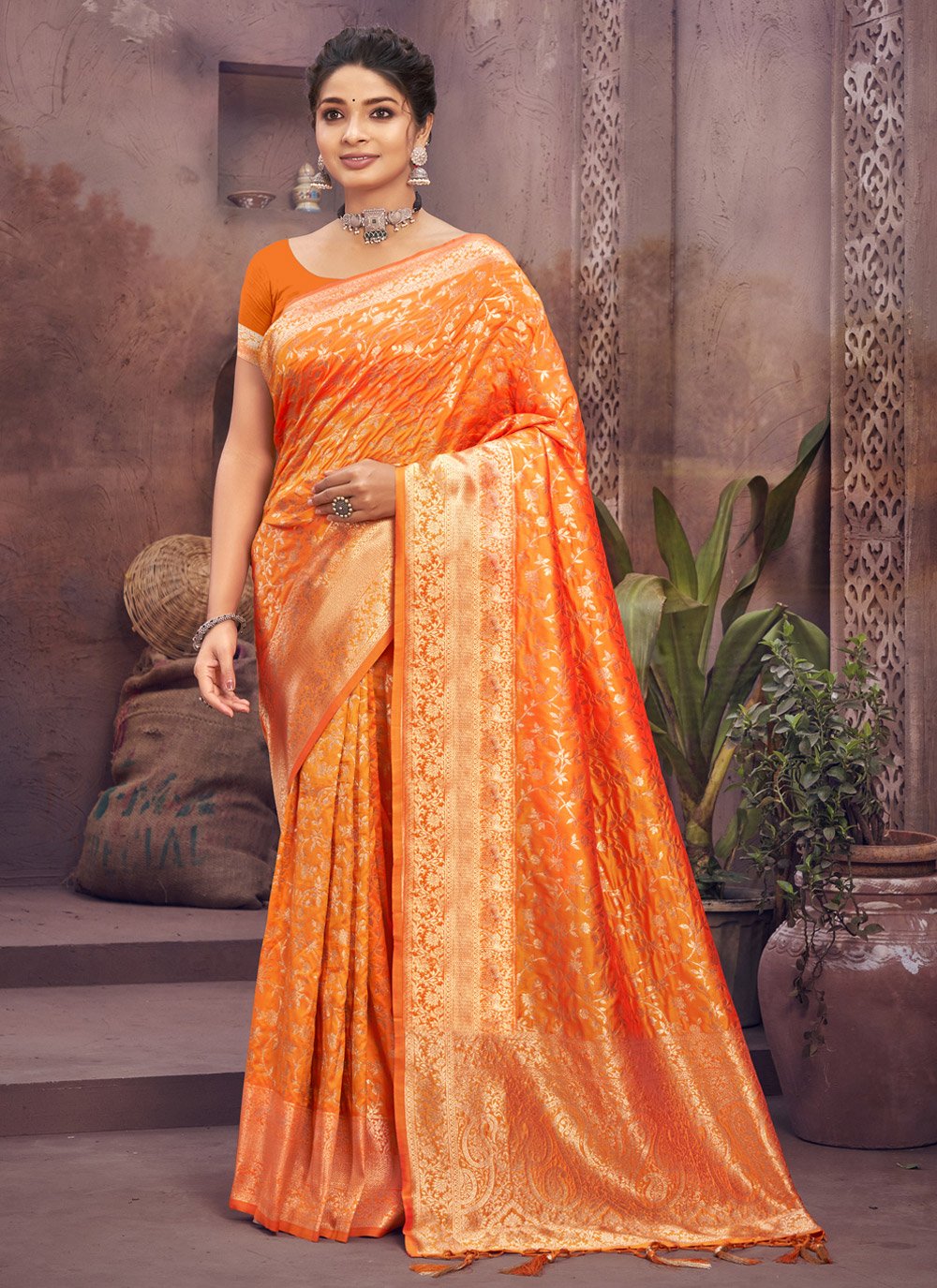 Traditional Saree Silk Orange Fancy Work Saree