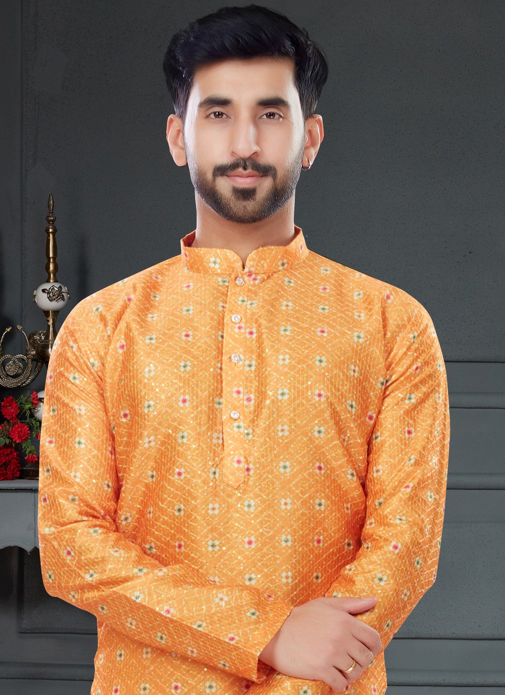 Kurta Pyjama Silk Orange Digital Print Mens