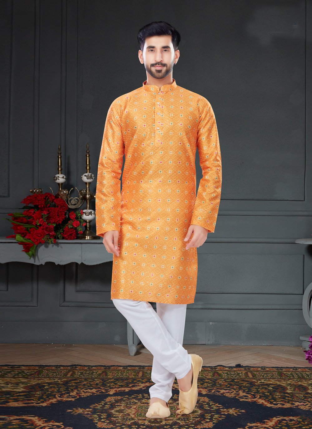 Kurta Pyjama Silk Orange Digital Print Mens