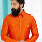 Kurta Pyjama Dupion Silk Orange Plain Mens