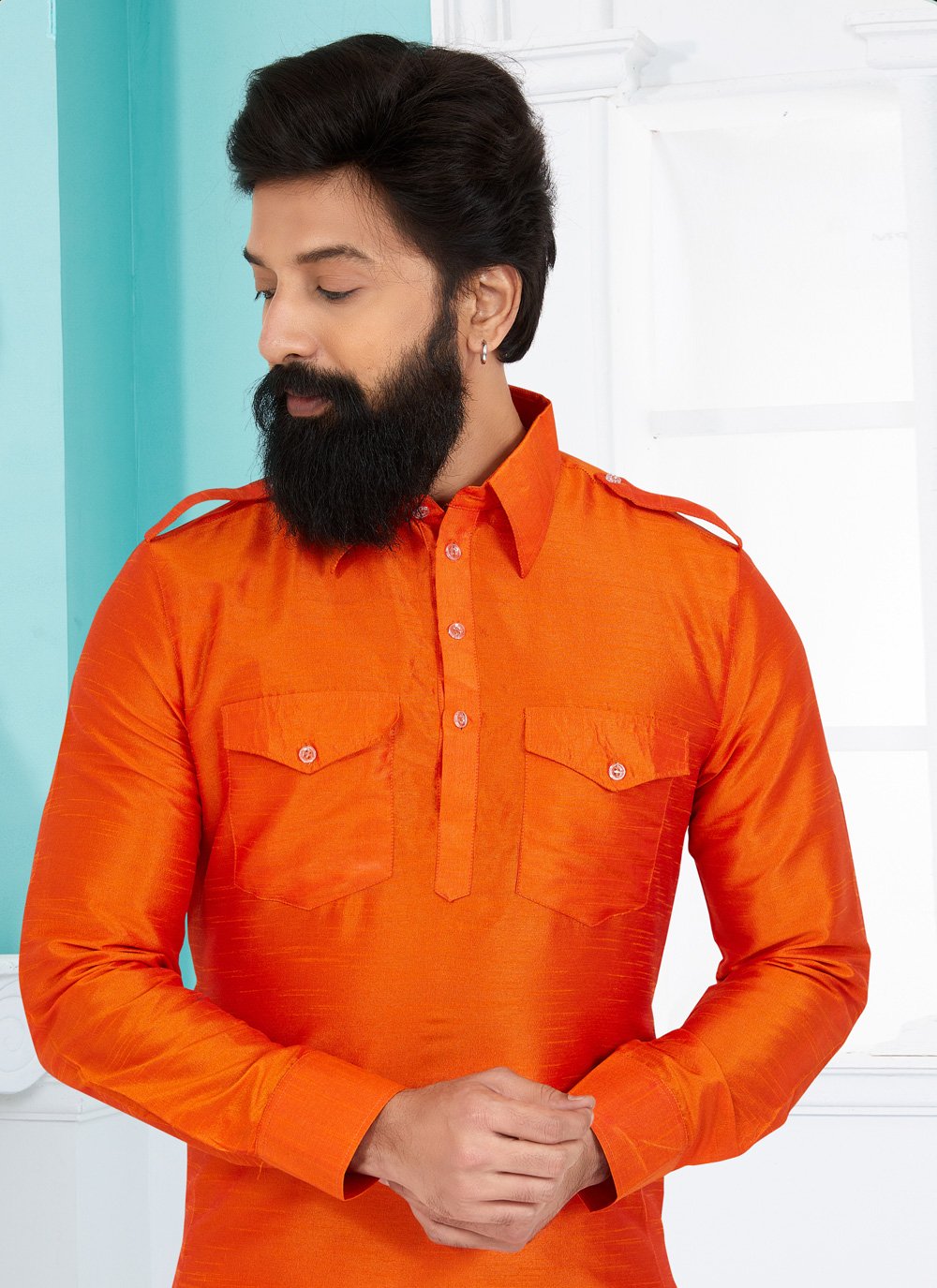 Kurta Pyjama Dupion Silk Orange Plain Mens