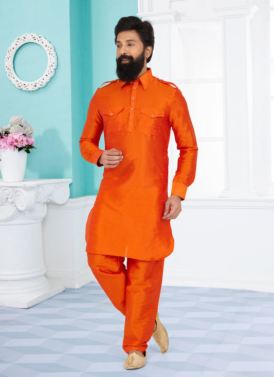 Kurta Pyjama Dupion Silk Orange Plain Mens