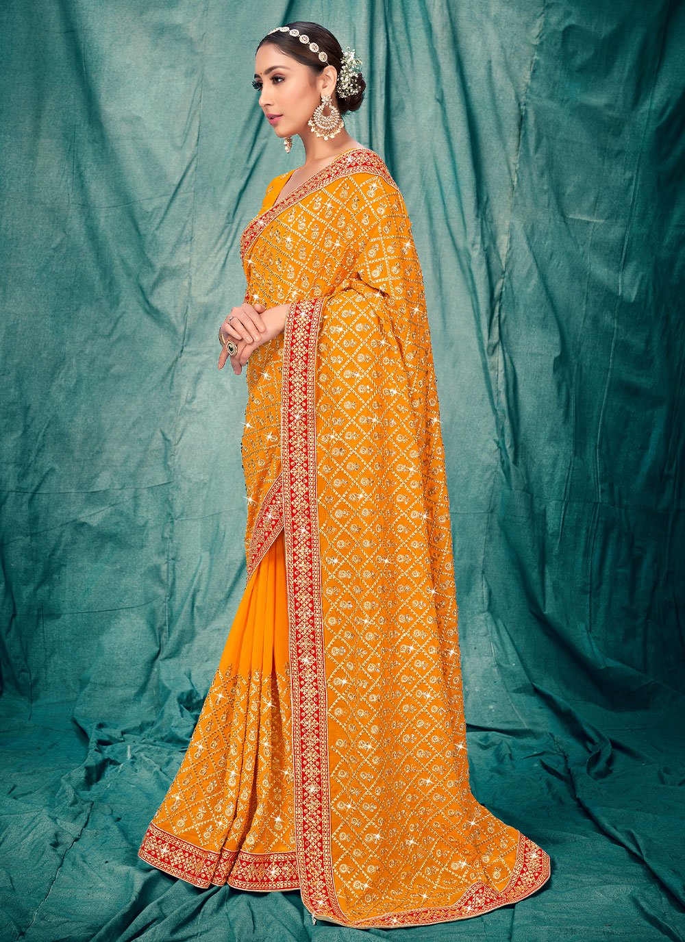 Classic Faux Georgette Orange Embroidered Saree