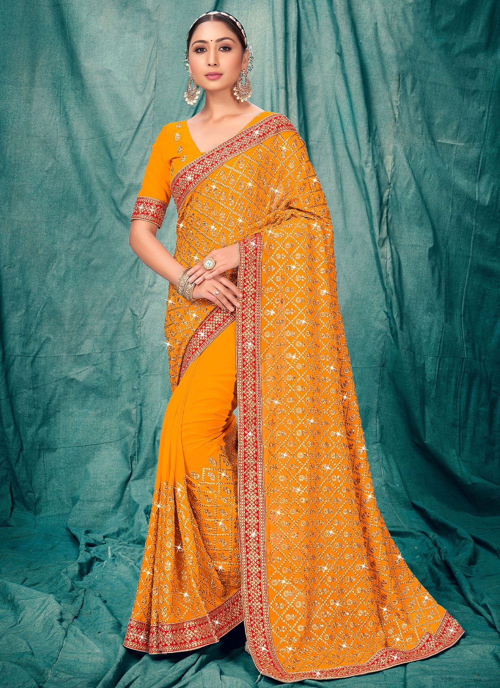 Classic Faux Georgette Orange Embroidered Saree