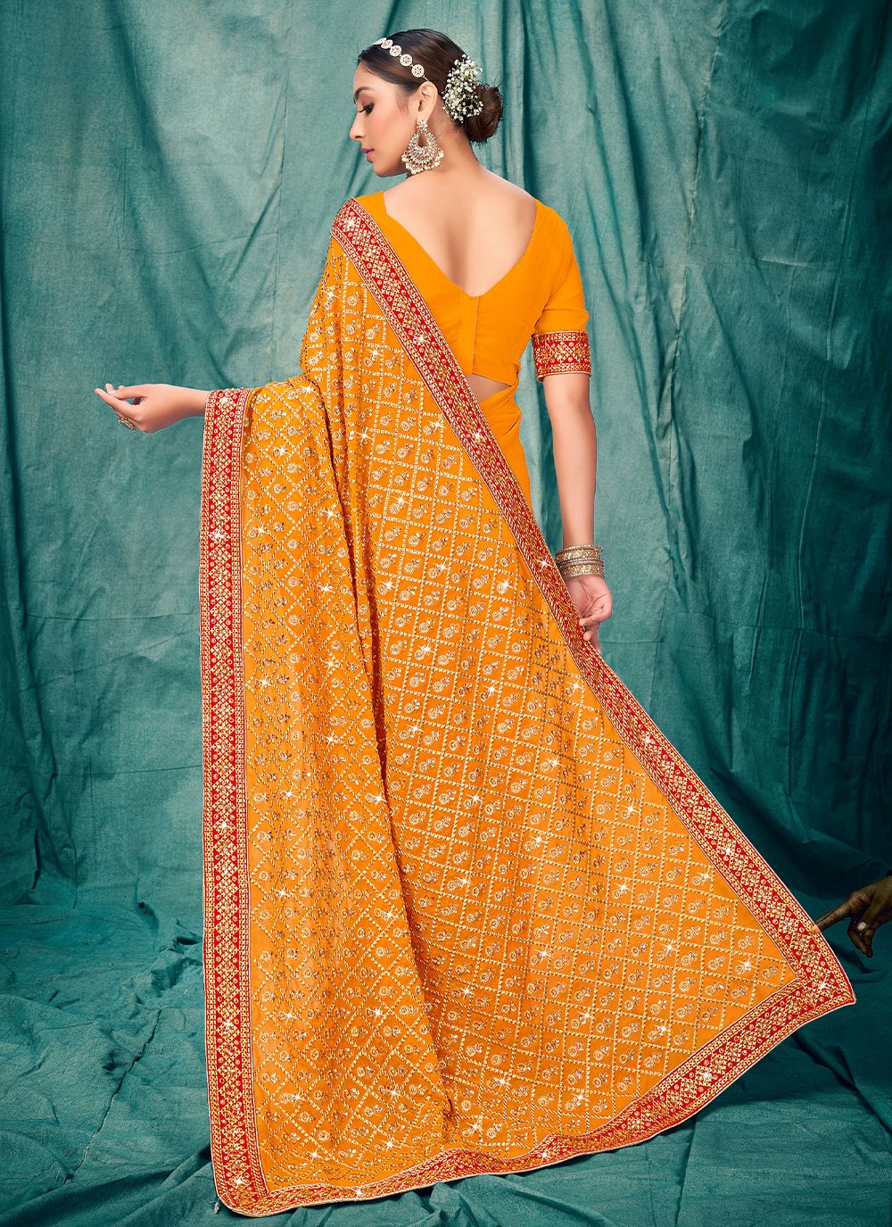 Classic Faux Georgette Orange Embroidered Saree