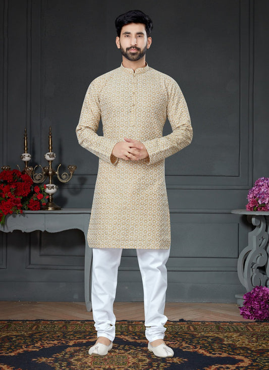 Kurta Pyjama Art Silk Cotton Orange Embroidered Mens